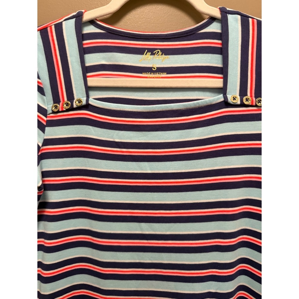 Lilly Pulitzer Dress Striped Square Neck Blue Pink Gold Button Short Sleeve S - Picture 2 of 5